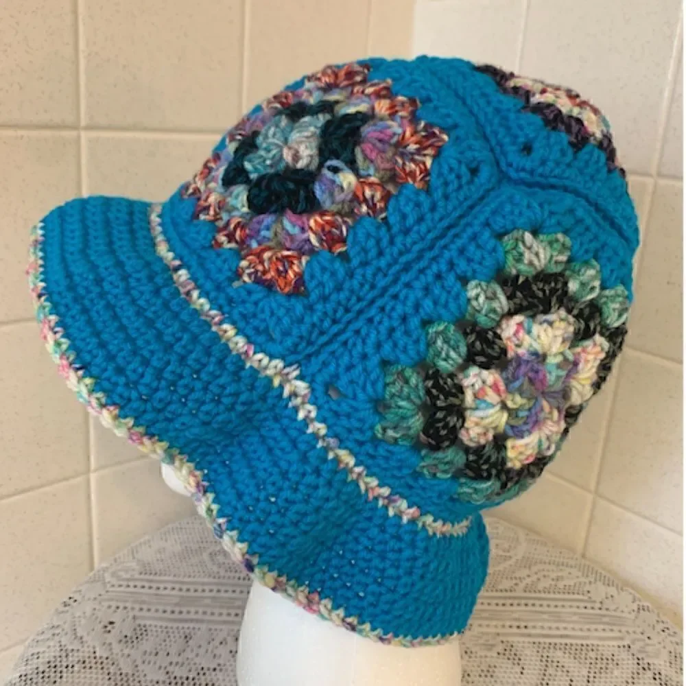 NEW! Hand Crocheted Hippie Style Granny Square Bucket Hat Retro Boho Trendy